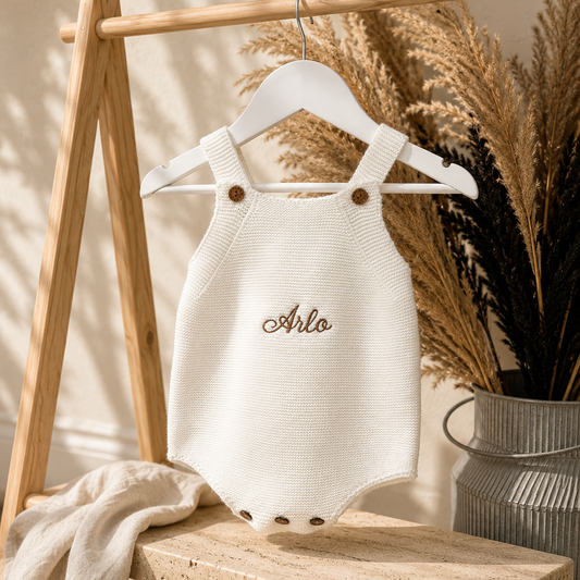 A cream-colored knit baby romper with 'Arlo' embroidered in brown on the chest, hanging on a white hanger on a wooden stand with dried pampas grass in the background.