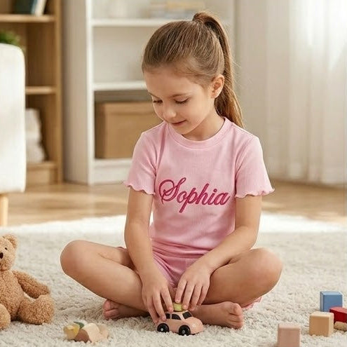Gepersonaliseerde geribbelde shortset voor meisjes | Zomeroutfit voor kinderen